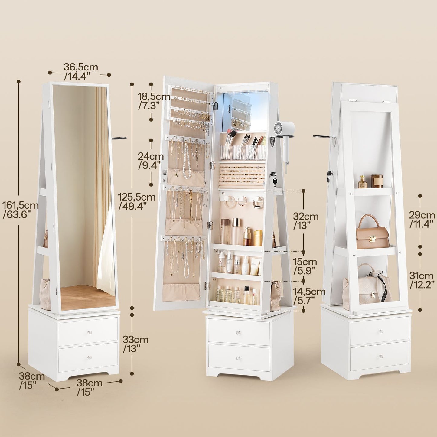 Jewelry Cabinet with LED Lights, Swivel - White