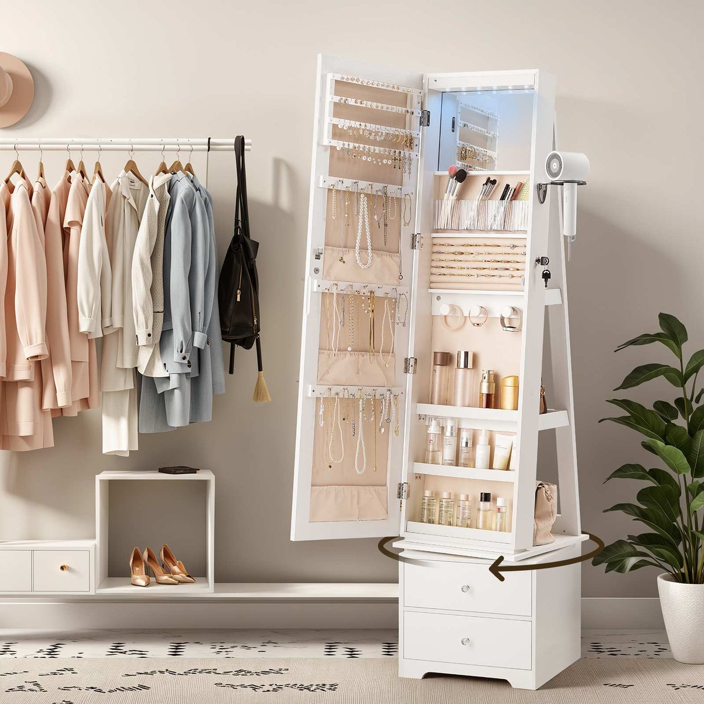 Jewelry Cabinet with LED Lights, Swivel - White
