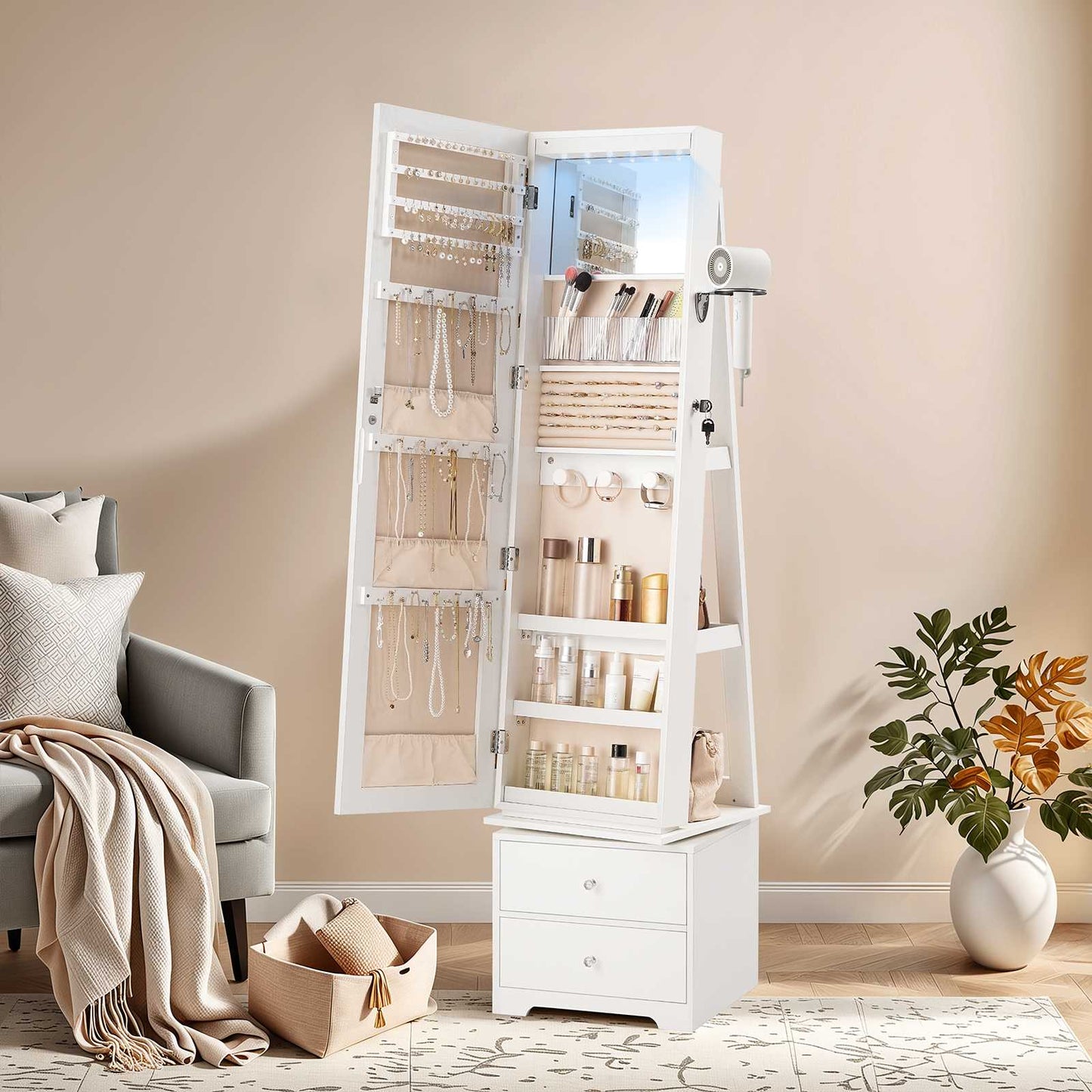 Jewelry Cabinet with LED Lights, Swivel - White
