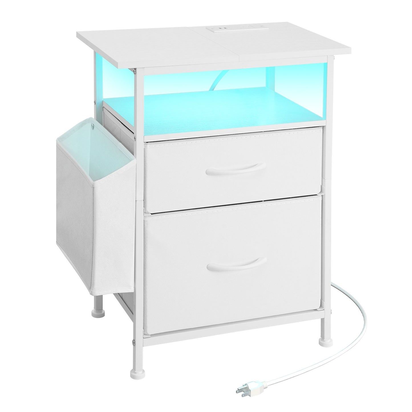 Nightstand with Charging Station and LED Light - White