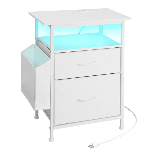 Nightstand with Charging Station and LED Light - White