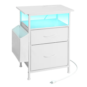 Nightstand with Charging Station and LED Light - White