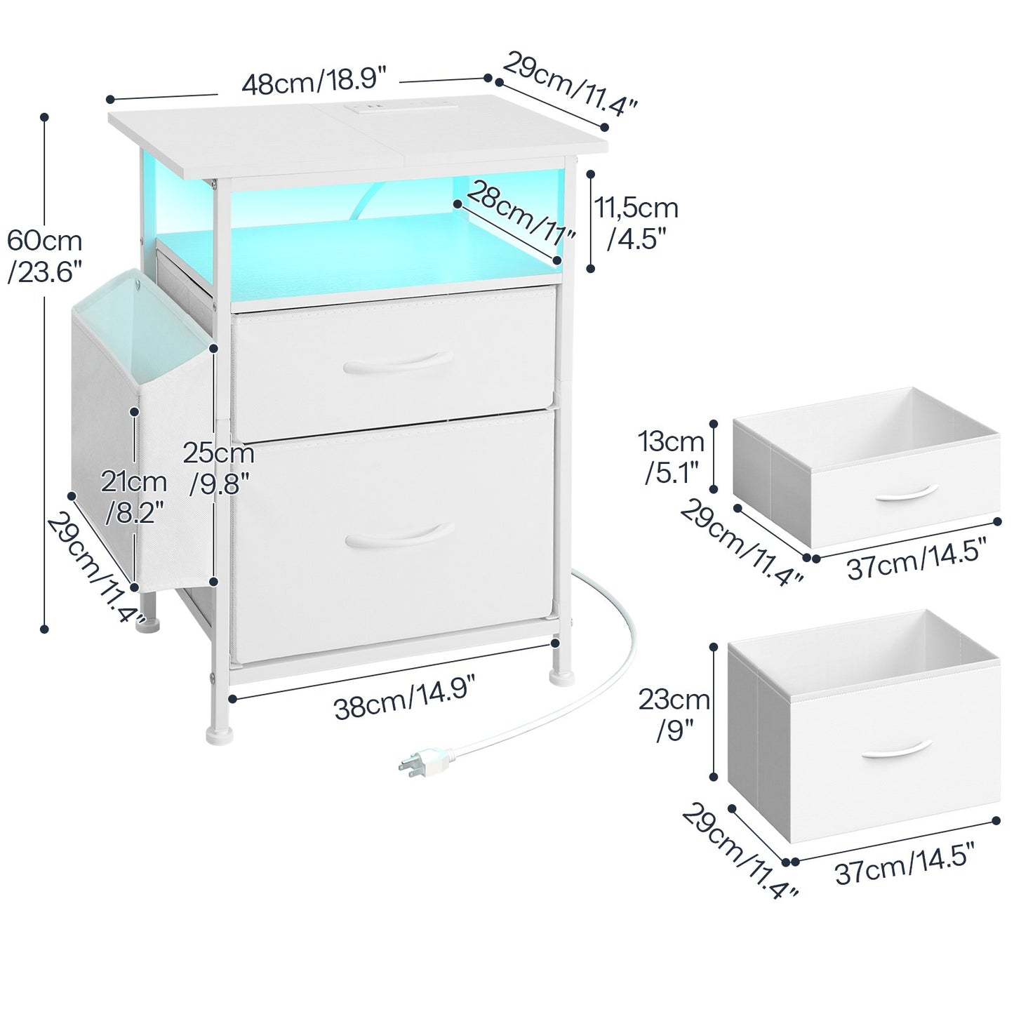 Nightstand with Charging Station and LED Light - White