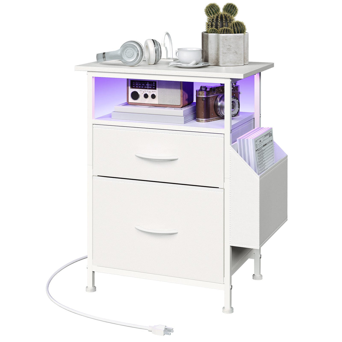 Nightstand with Charging Station and LED Light - White