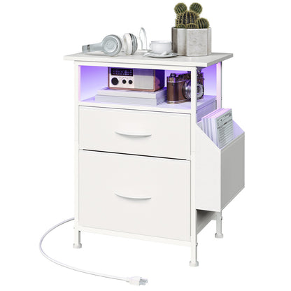 Nightstand with Charging Station and LED Light - White