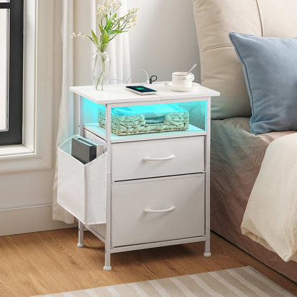 Nightstand with Charging Station and LED Light - White