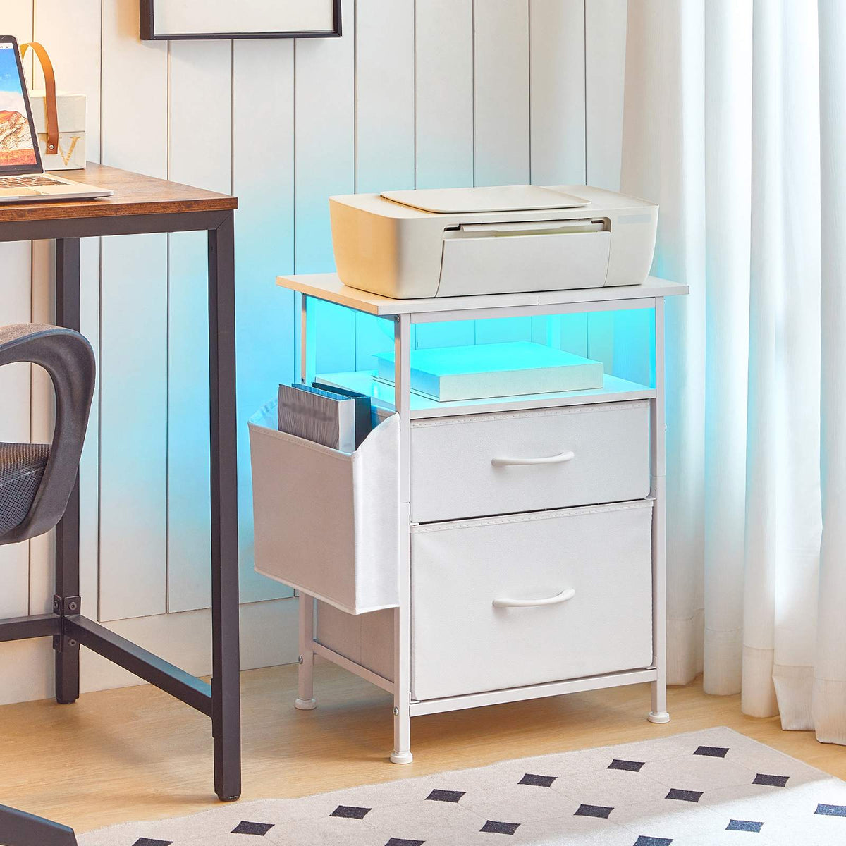 Nightstand with Charging Station and LED Light - White