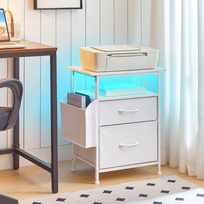 Nightstand with Charging Station and LED Light - White