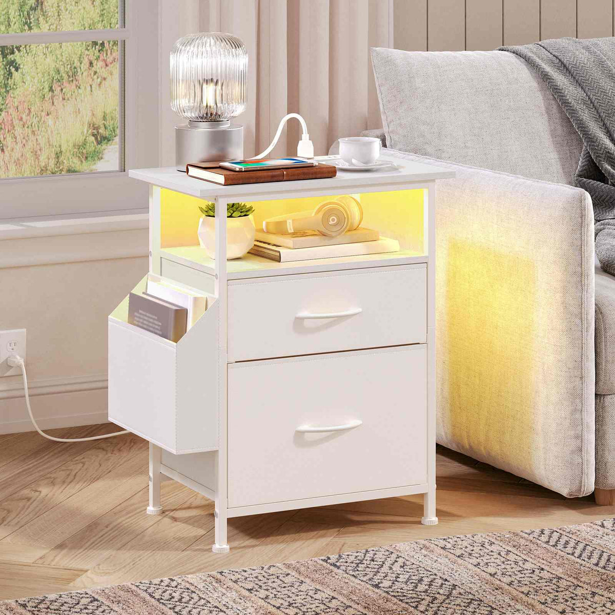 Nightstand with Charging Station and LED Light - White