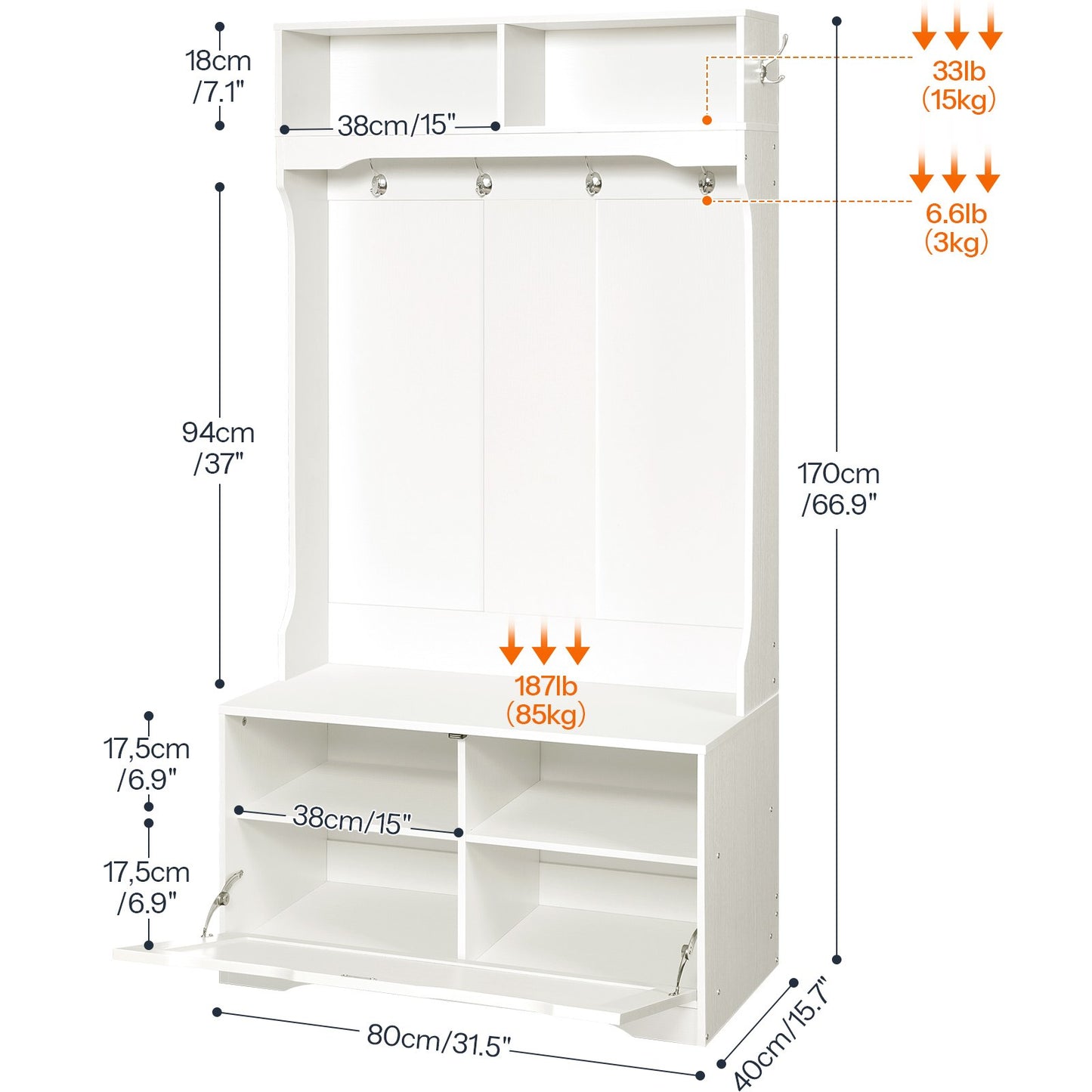 Hall Tree with Bench and Shoe Storage - White - HWLEXTRA 