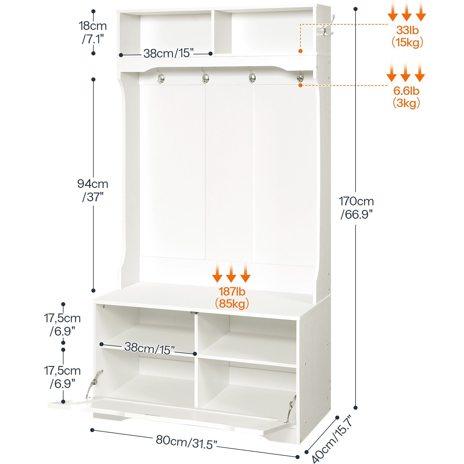 Hall Tree with Bench and Shoe Storage - White - HWLEXTRA 