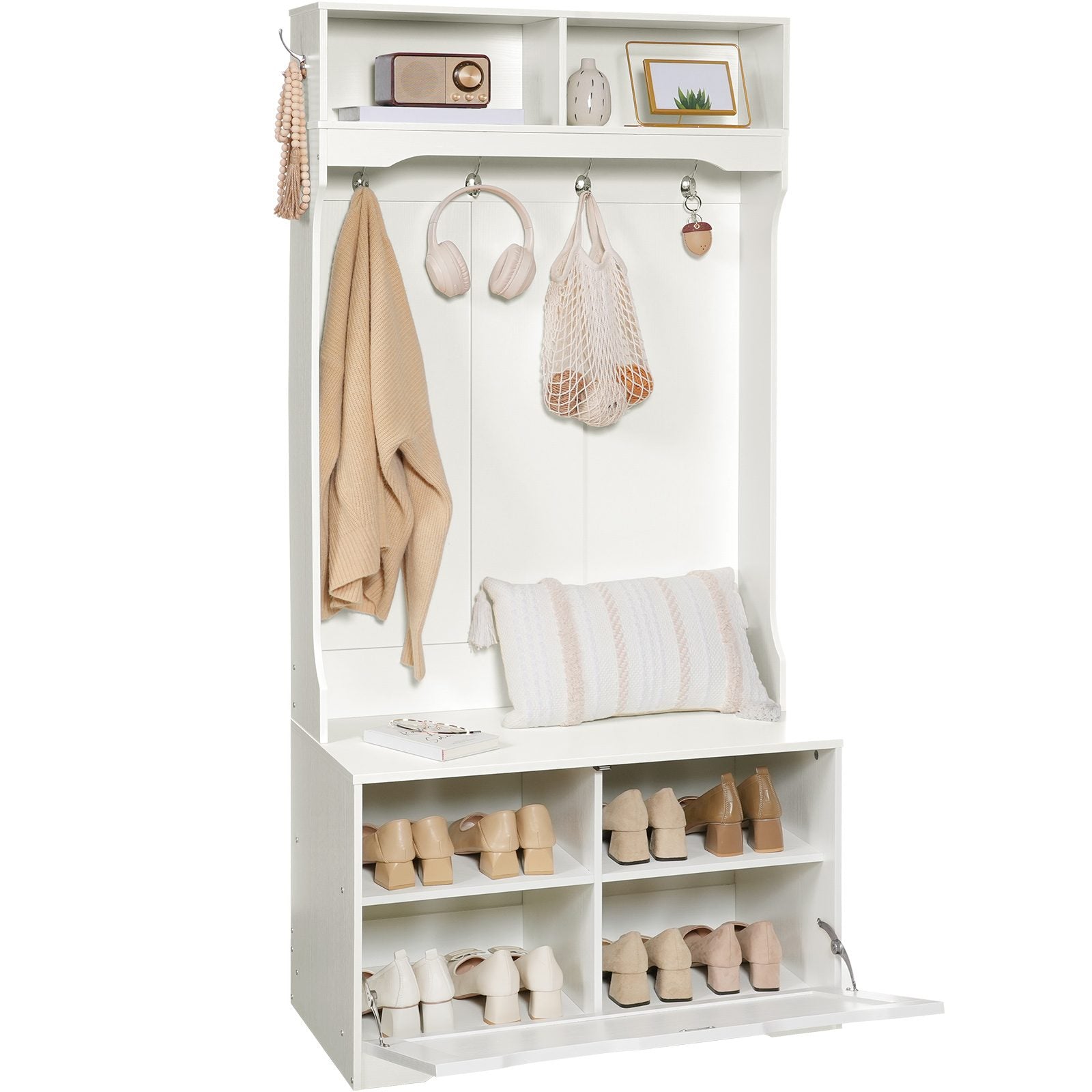 Hall Tree with Bench and Shoe Storage - White - HWLEXTRA 