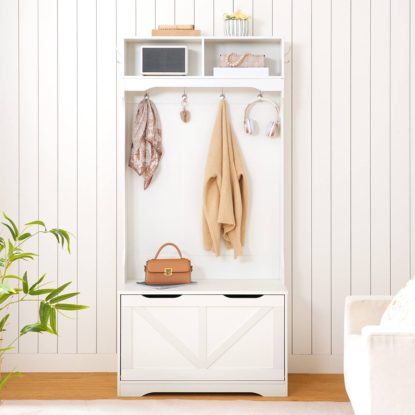 Hall Tree with Bench and Shoe Storage - White - HWLEXTRA 
