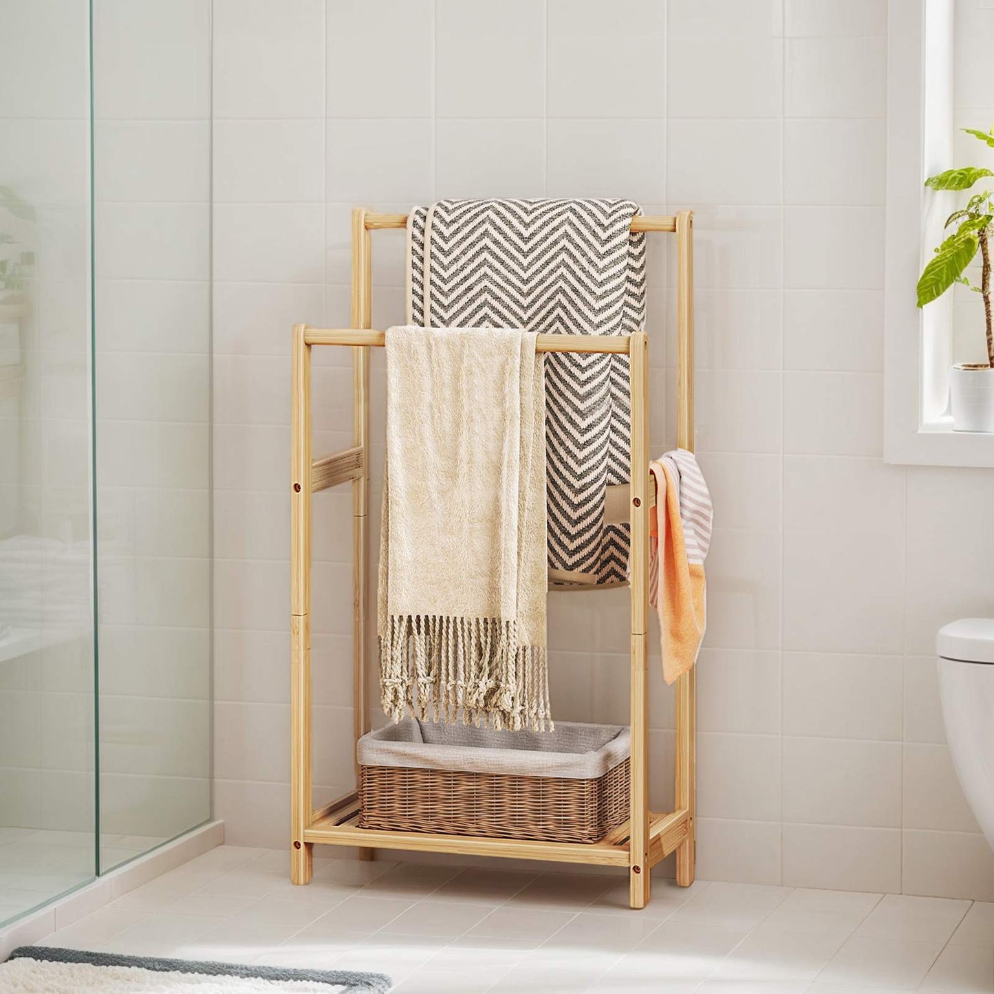 freestanding towel rack for bathroom with Storage - natural color - HWLEXTRA 