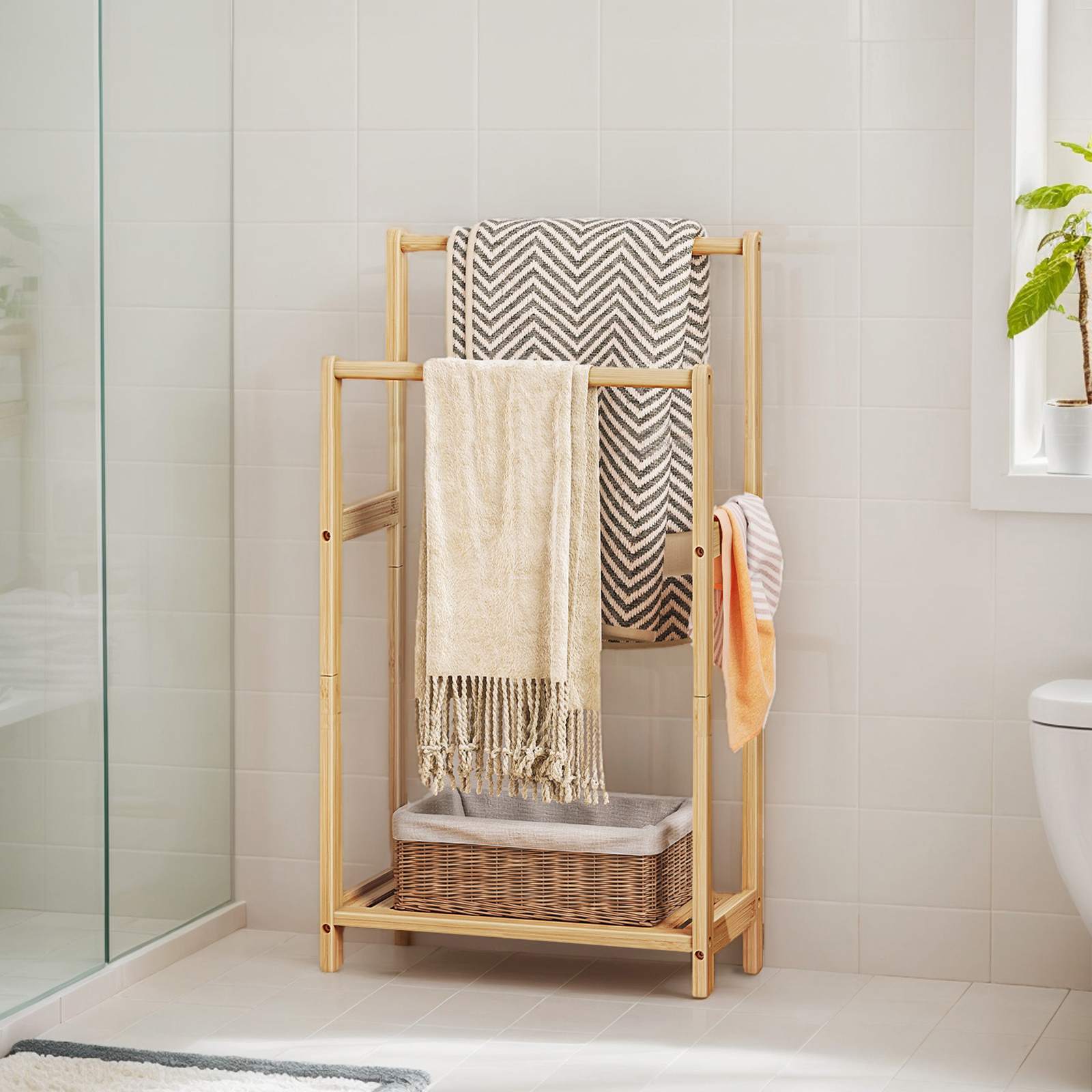 freestanding towel rack for bathroom with Storage - natural color - HWLEXTRA 