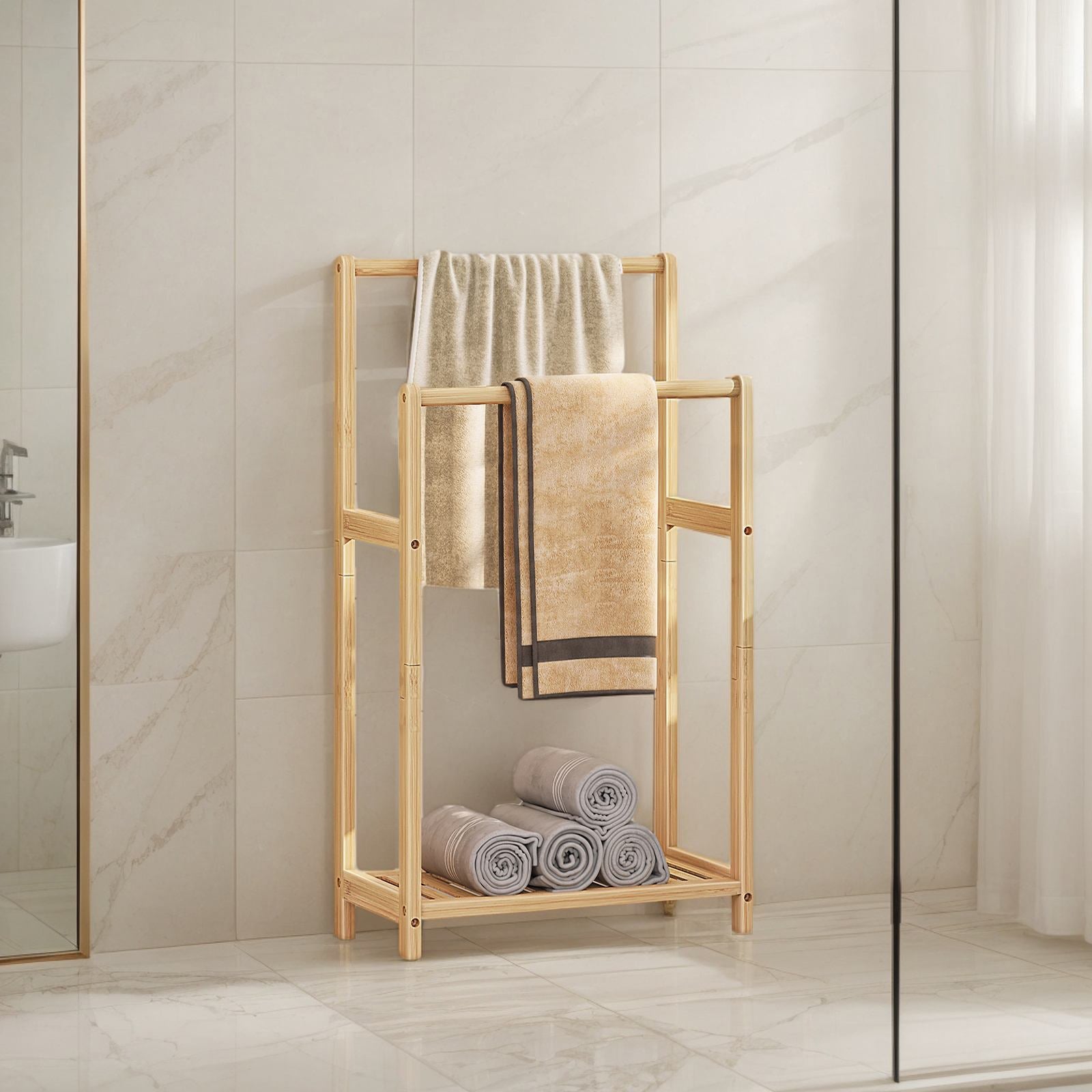 freestanding towel rack for bathroom with Storage - natural color - HWLEXTRA 