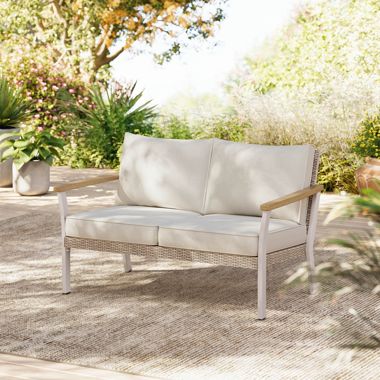 Sencillo Collection - Outdoor Steel Loveseat, 2-Seat Sofa, Bone Color