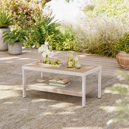 Sencillo Collection - Outdoor Steel Coffee Table with Storage, Bone Color