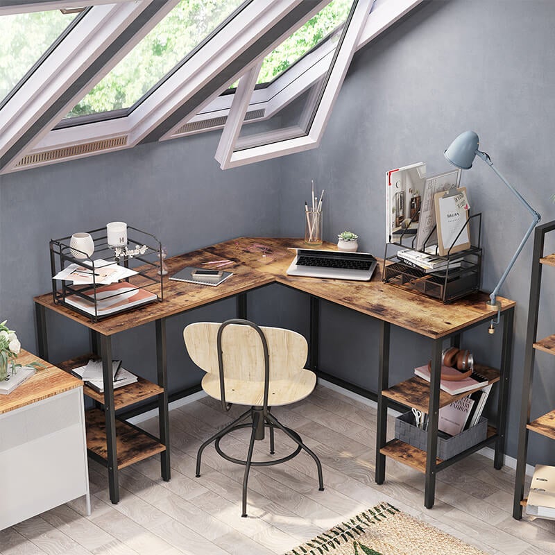 L SHAPE Desk with Side Shelves - HWLEXTRA