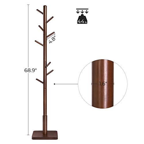 Coat Rack, Solid Coat Stand, Hall Tree, 8 Hooks, Walnut Color