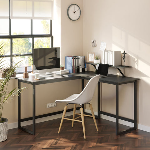 Black L-Shaped Computer Desk with Monitor Riser - HWLEXTRA