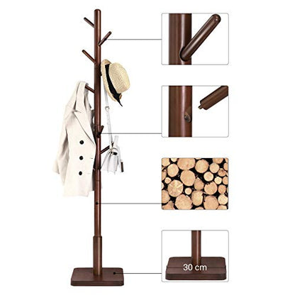 Coat Rack, Solid Coat Stand, Hall Tree, 8 Hooks, Walnut Color