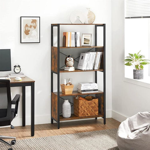 Bookcase 5-Tier, Storage Shelf, with Mesh Backs, 29.9 x 14.2 x 59.8 Inches, Rustic Brown and Black