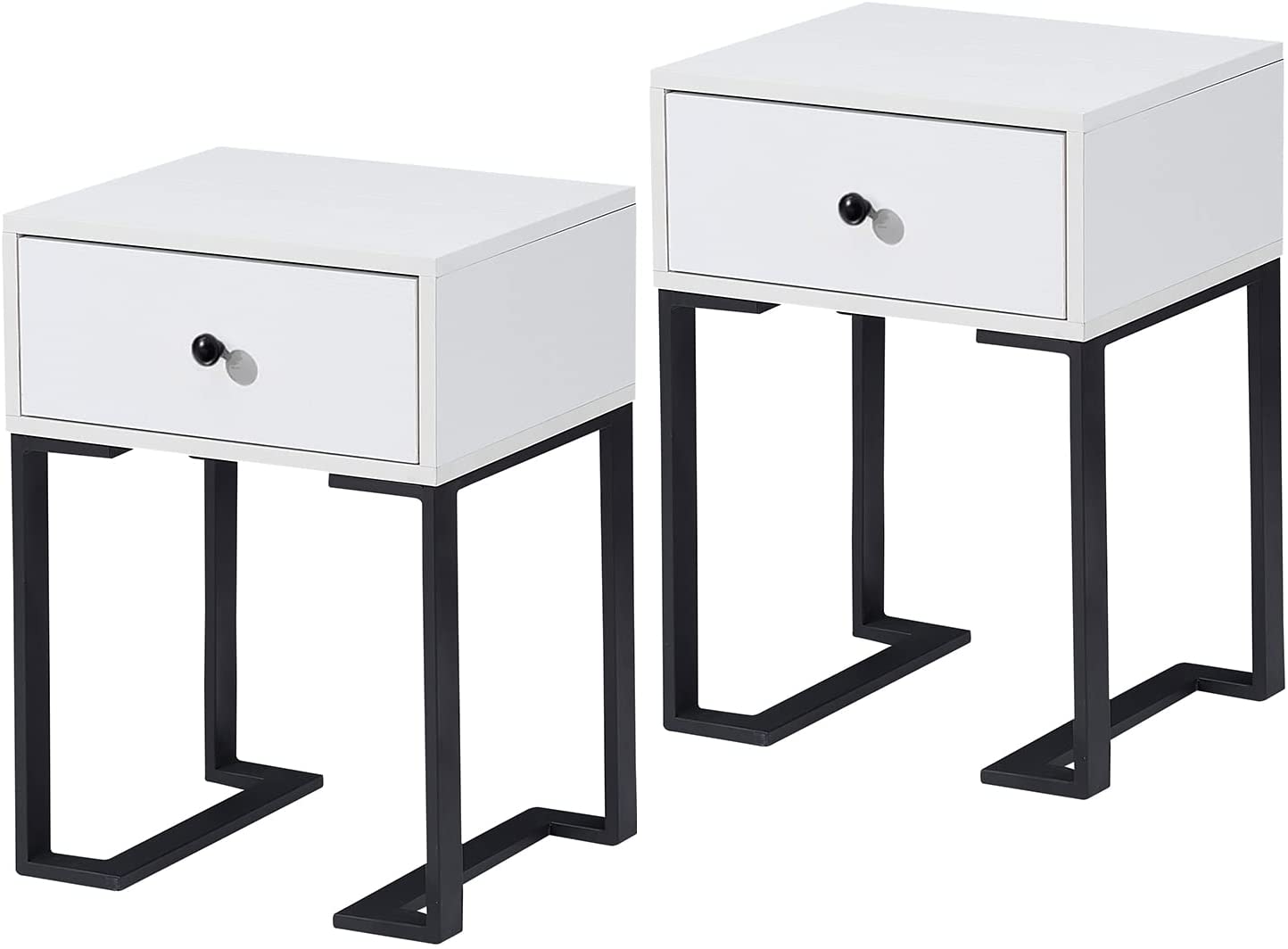 Wood End Table with Drawer, Modern Nightstand with Metal, Set of Two,White