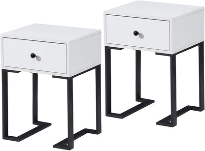 Wood End Table with Drawer, Modern Nightstand with Metal, Set of Two,White