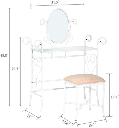 Classic Metal Set Bedroom Vanity with Glass Table Stool and Adjustable Mirror (White)