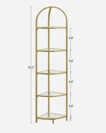 Corner Shelf, 5 Tier Corner Bookshelf, Tempered Glass Shelves, Modern Style