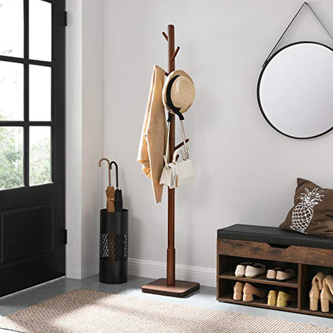 Coat Rack, Solid Coat Stand, Hall Tree, 8 Hooks, Walnut Color