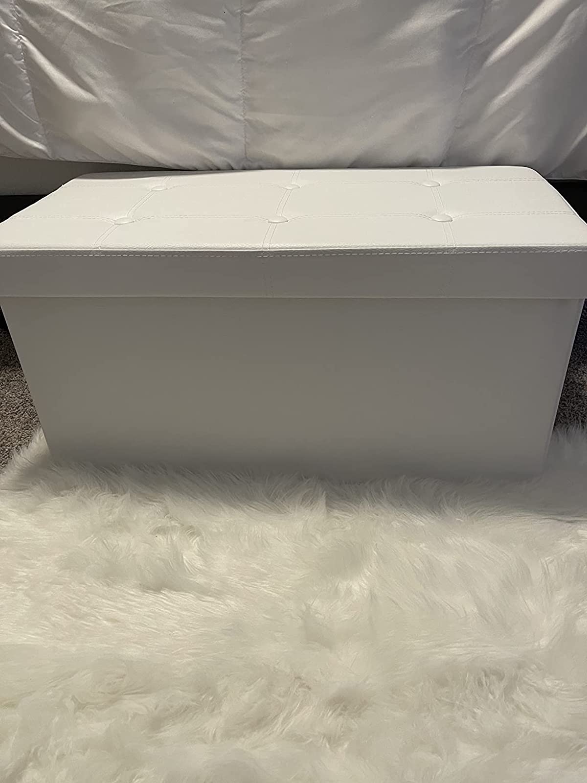 30 Inches Faux Leather Folding Storage Ottoman Bench, Storage Chest Footrest Coffee Table Padded Seat, White - HWLEXTRA 