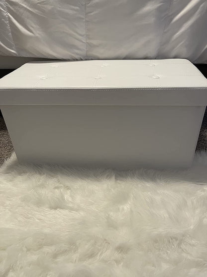 30 Inches Faux Leather Folding Storage Ottoman Bench, Storage Chest Footrest Coffee Table Padded Seat, White - HWLEXTRA 