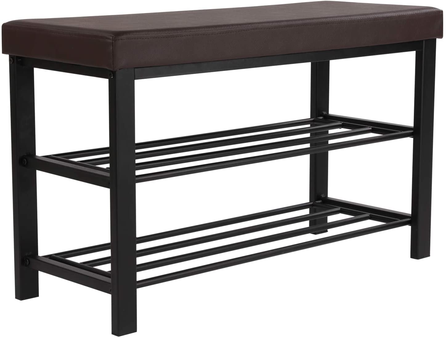 Brown Padded Storage Shoe Bench with Shelves - HWLEXTRA