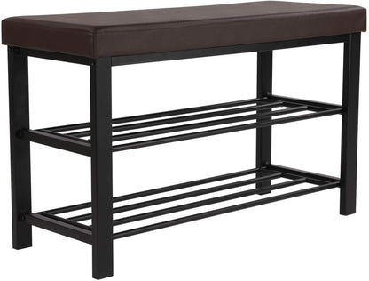 Brown Padded Storage Shoe Bench with Shelves - HWLEXTRA