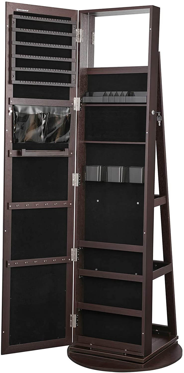 Rustic Brown 360° Swivel Lockable Jewelry Armoire - HWLEXTRA
