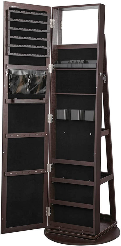 Rustic Brown 360° Swivel Lockable Jewelry Armoire - HWLEXTRA