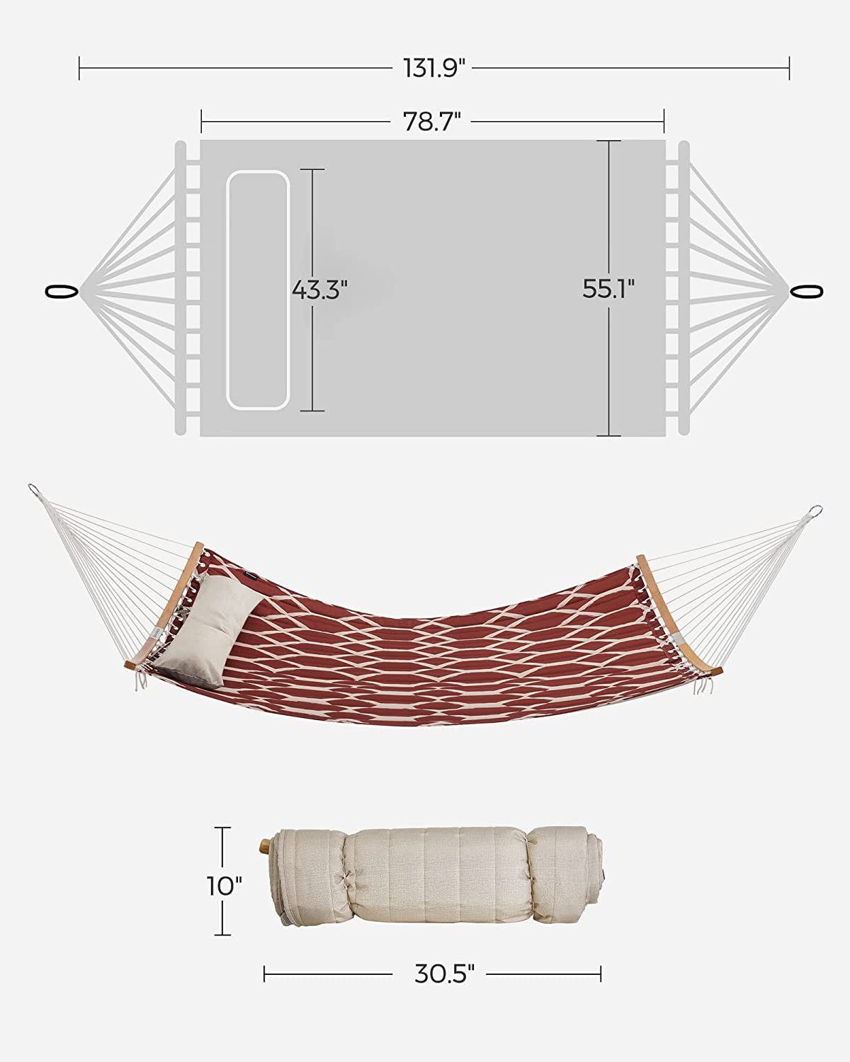 Hammock, Quilted Hammock with Curved Bamboo Spreaders, Pillow, 78.7 x 55.1 Inches - HWLEXTRA 