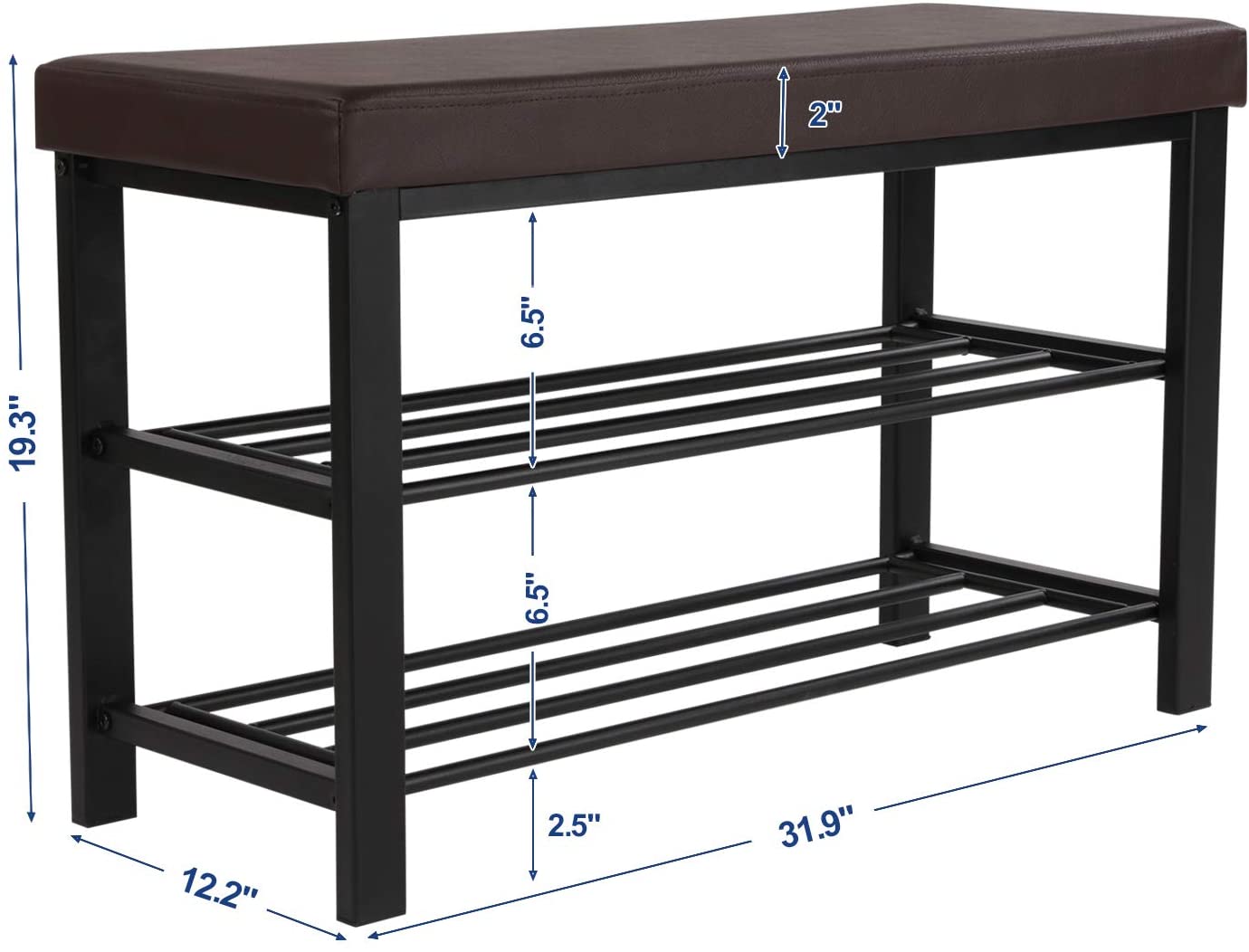 Brown Padded Storage Shoe Bench with Shelves - HWLEXTRA