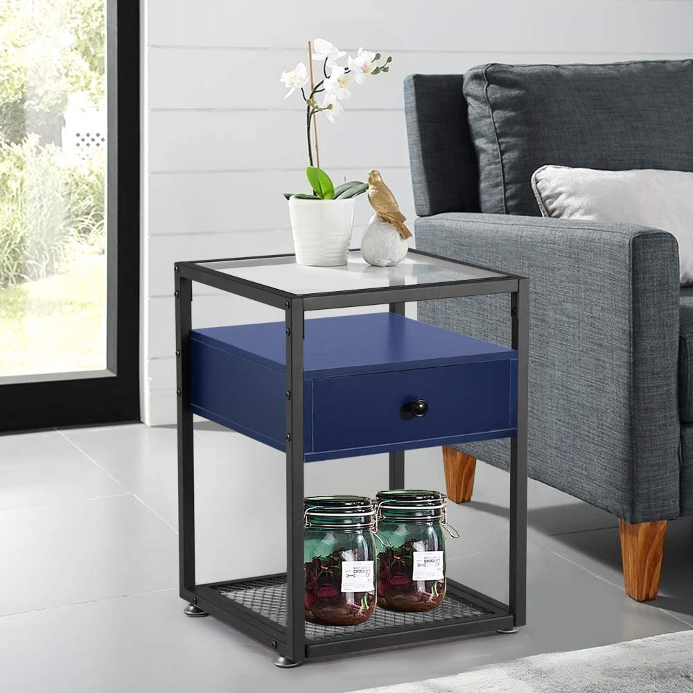 Nightstand, Tempered Glass End Table, Cabinet with Drawer and Rustic Shelf Decoration
