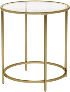 Round Side Table, Glass End Table with Metal Frame, Small Coffee Accent Table - HWLEXTRA 