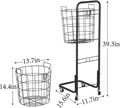 Rolling Laundry Hamper with 2 Removable Wire Basket, Bathroom Multi-layer Clothes Storage Cart