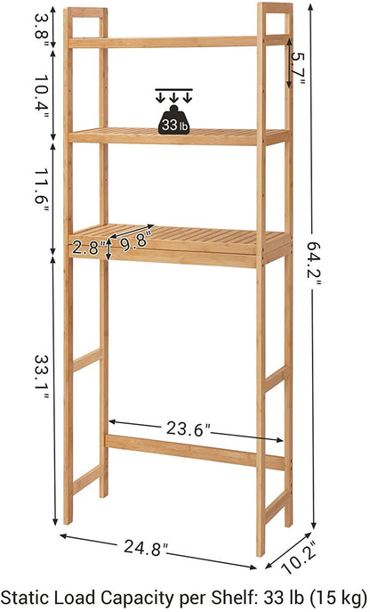Over-the-Toilet Storage, 3-Tier Bamboo Bathroom Organizer with Adjustable Shelves, Multifunctional Toilet Rack - HWLEXTRA 