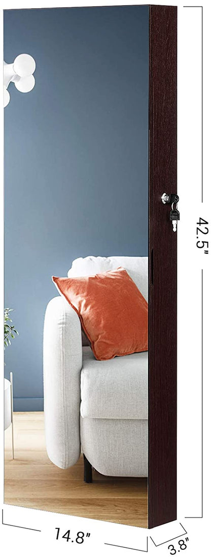 Mirror Jewelry Cabinet Armoire, Lockable Wall-Mounted Storage Organizer Unit with 2 Cosmetic Storage Trays - HWLEXTRA 