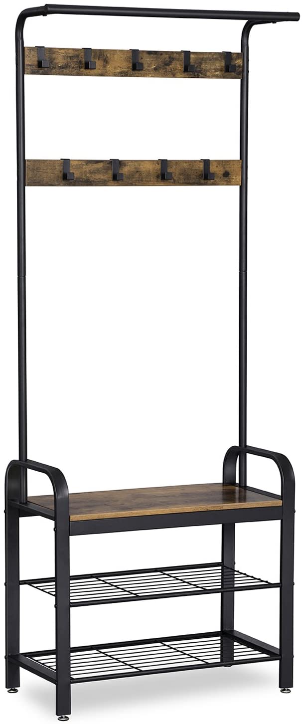 Coat Rack, Hall Tree with Shoe Bench for Entryway, Industrial Accent Furniture with Steel Frame, 3-in-1 Design, Easy Assembly - HWLEXTRA 