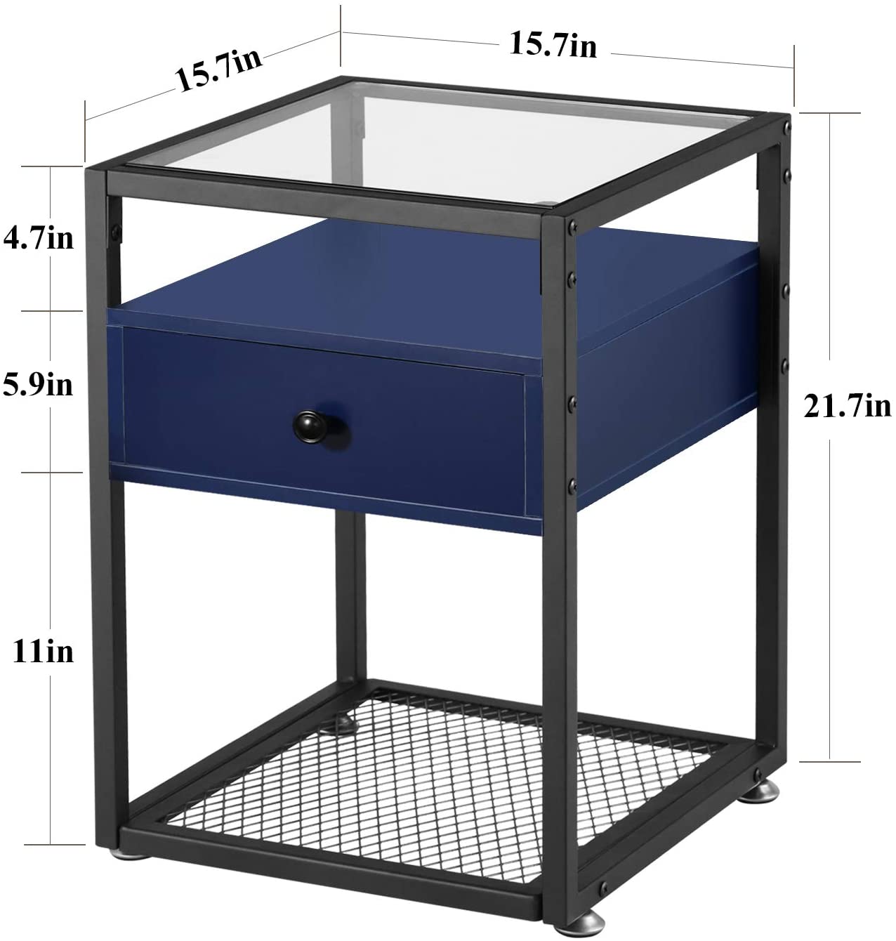 Nightstand, Tempered Glass End Table, Cabinet with Drawer and Rustic Shelf Decoration
