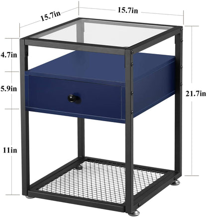 Nightstand, Tempered Glass End Table, Cabinet with Drawer and Rustic Shelf Decoration