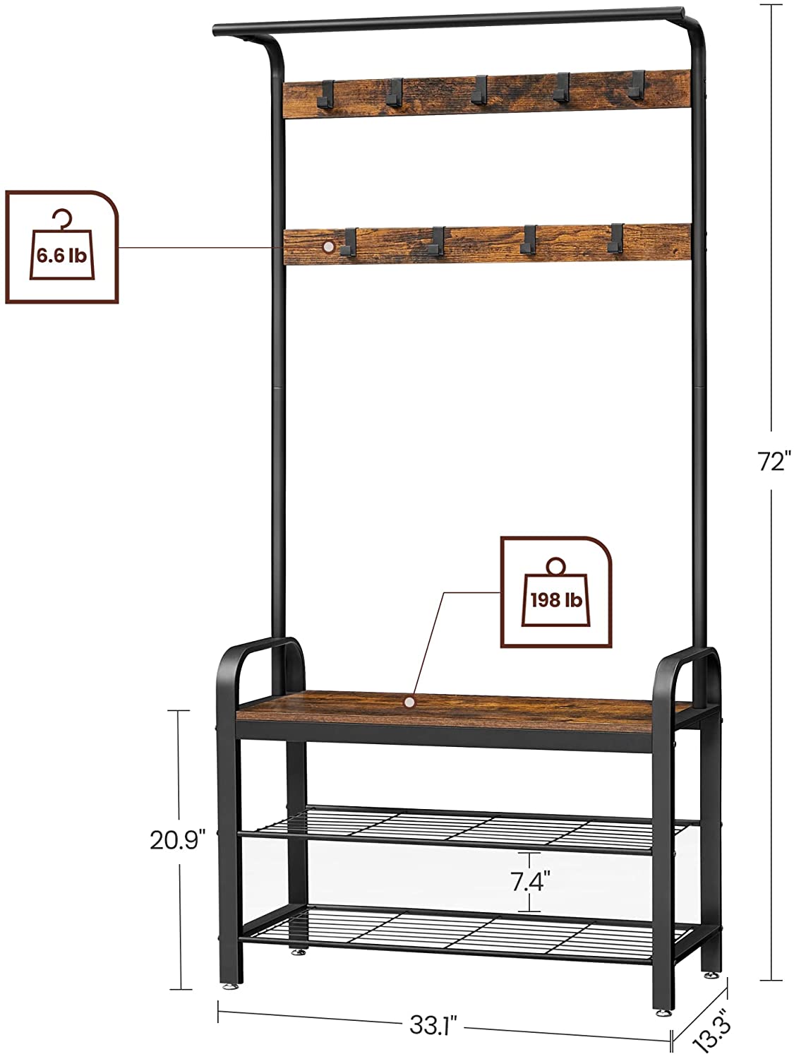 Coat Rack, Hall Tree with Shoe Bench for Entryway, Industrial Accent Furniture with Steel Frame - HWLEXTRA 