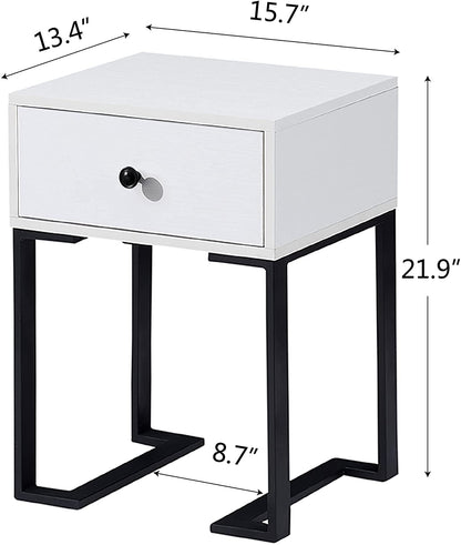 Wood End Table with Drawer, Modern Nightstand with Metal, Set of Two,White